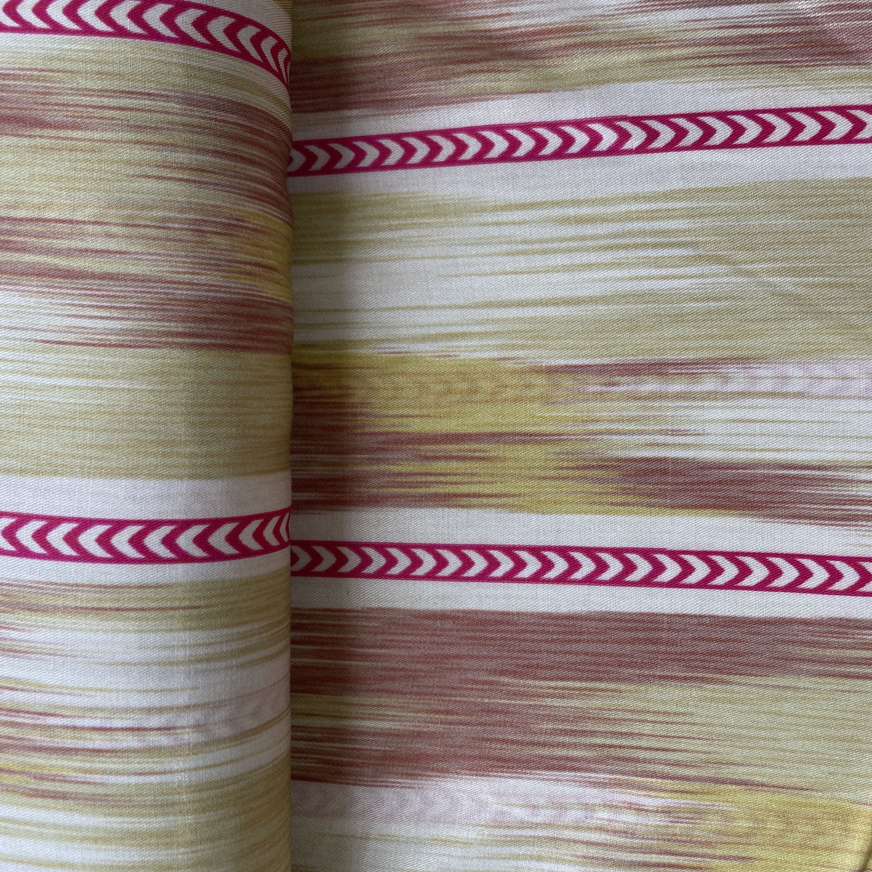 Cream Pink Stripes Ikkat Print Bemberg Gajji Silk Fabric 15554