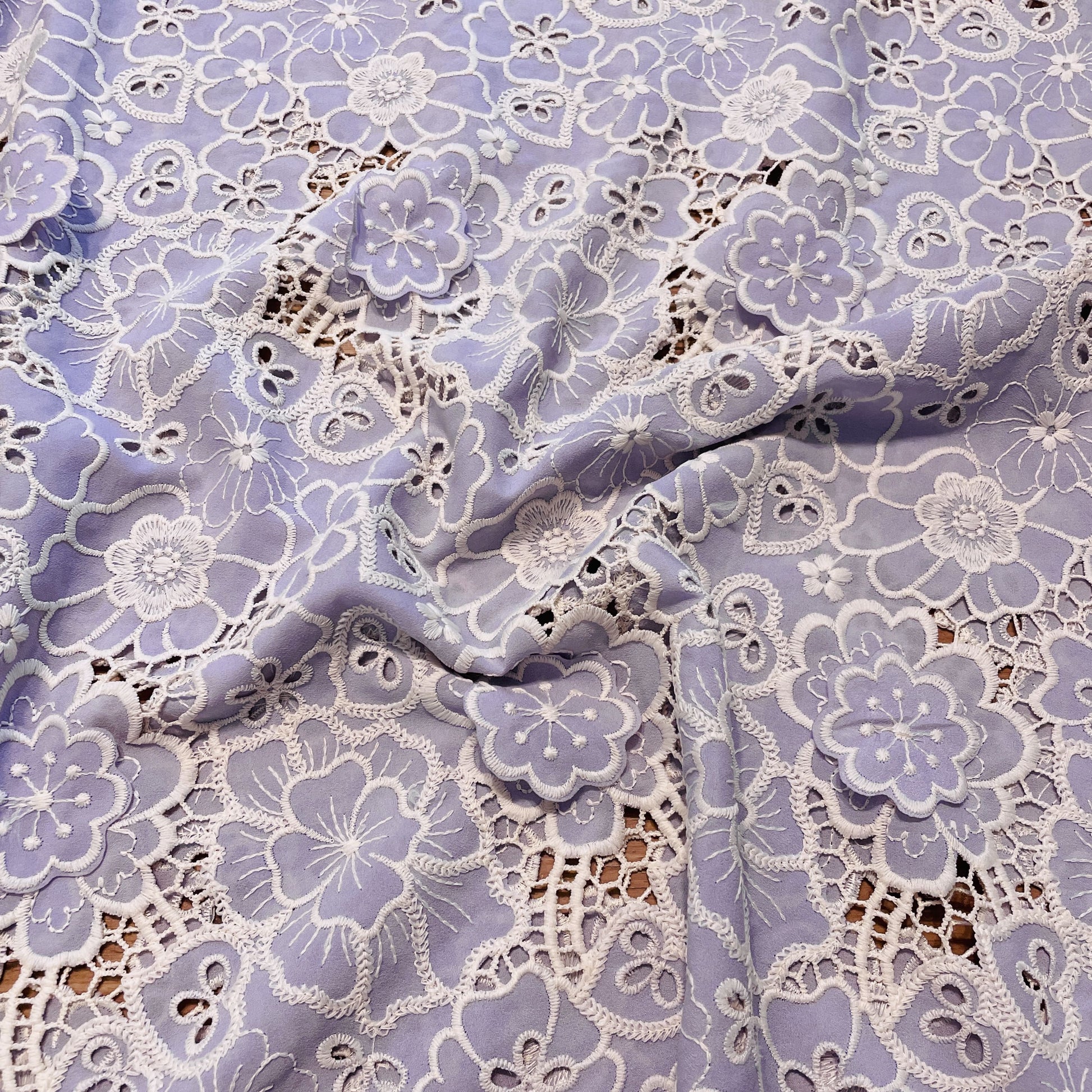 Premium Lavender White 3D Embroidery Schiffli Crepe Fabric