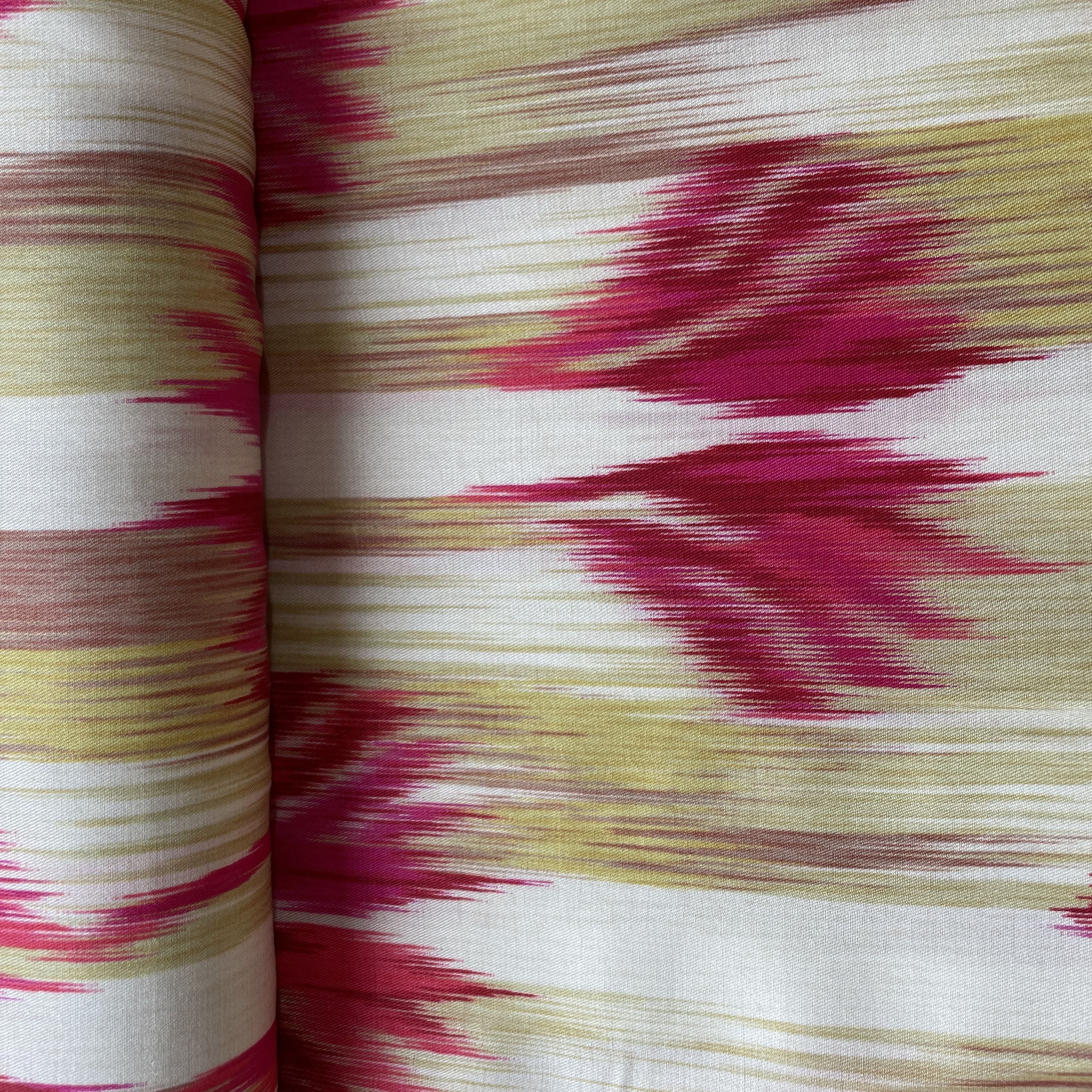 Cream Pink Ikkat Print Bemberg Gajji Silk Fabric 15552