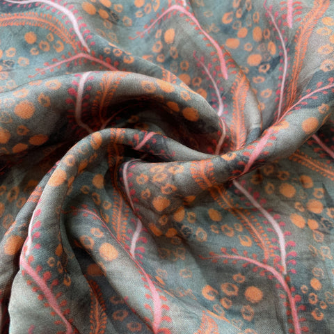 Olive Green Batik Print Modal Satin Fabric 20840