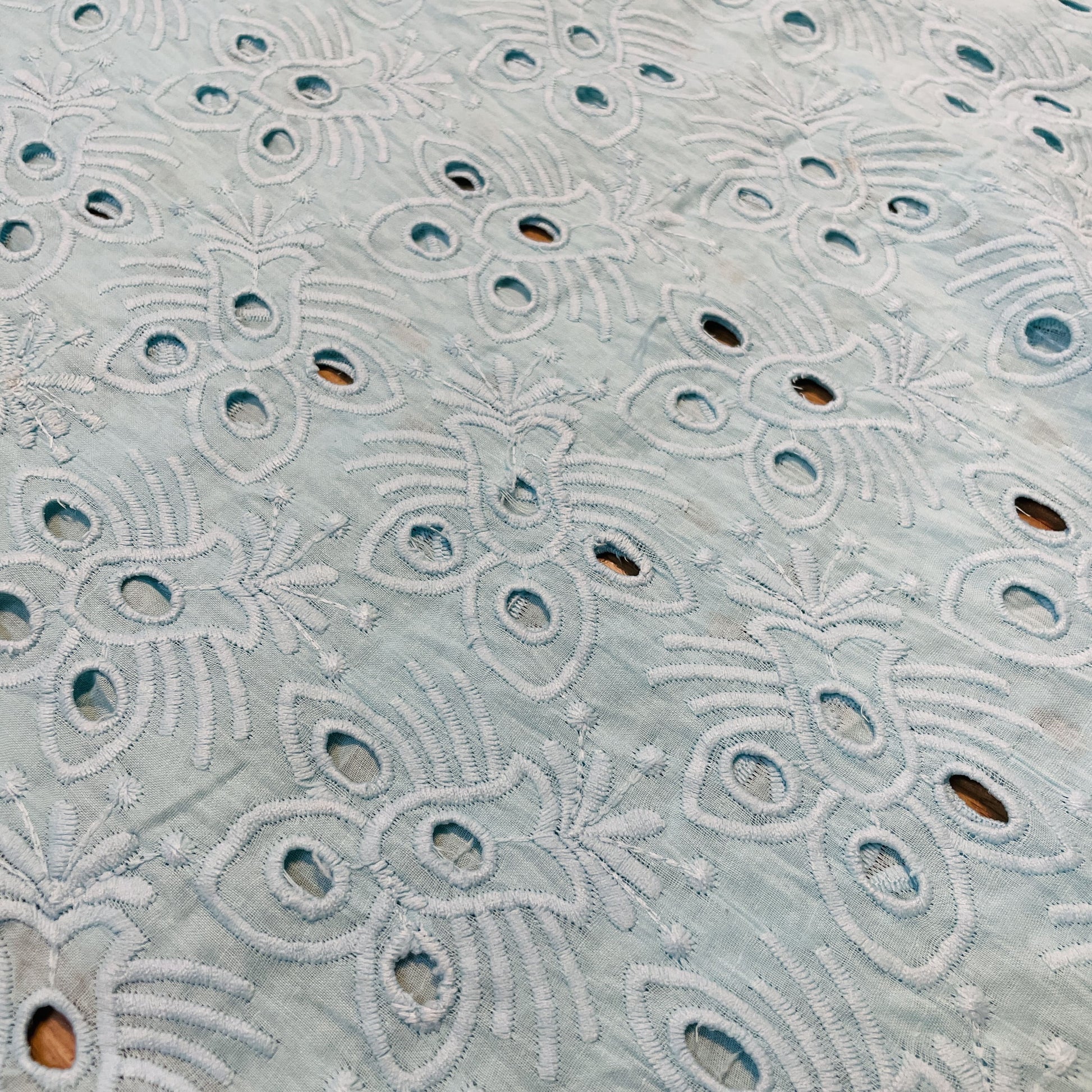 Premium Sky Blue Floral Embroidery Cotton Schiffli Fabric