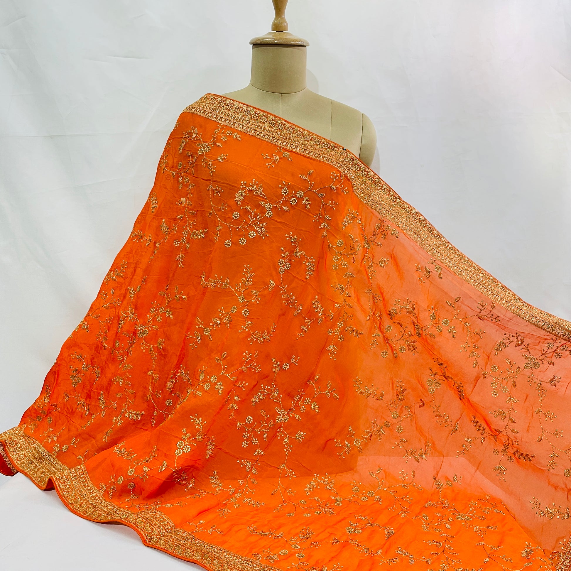Orange Golden Floral Embroidery Dupatta - TradeUNO
