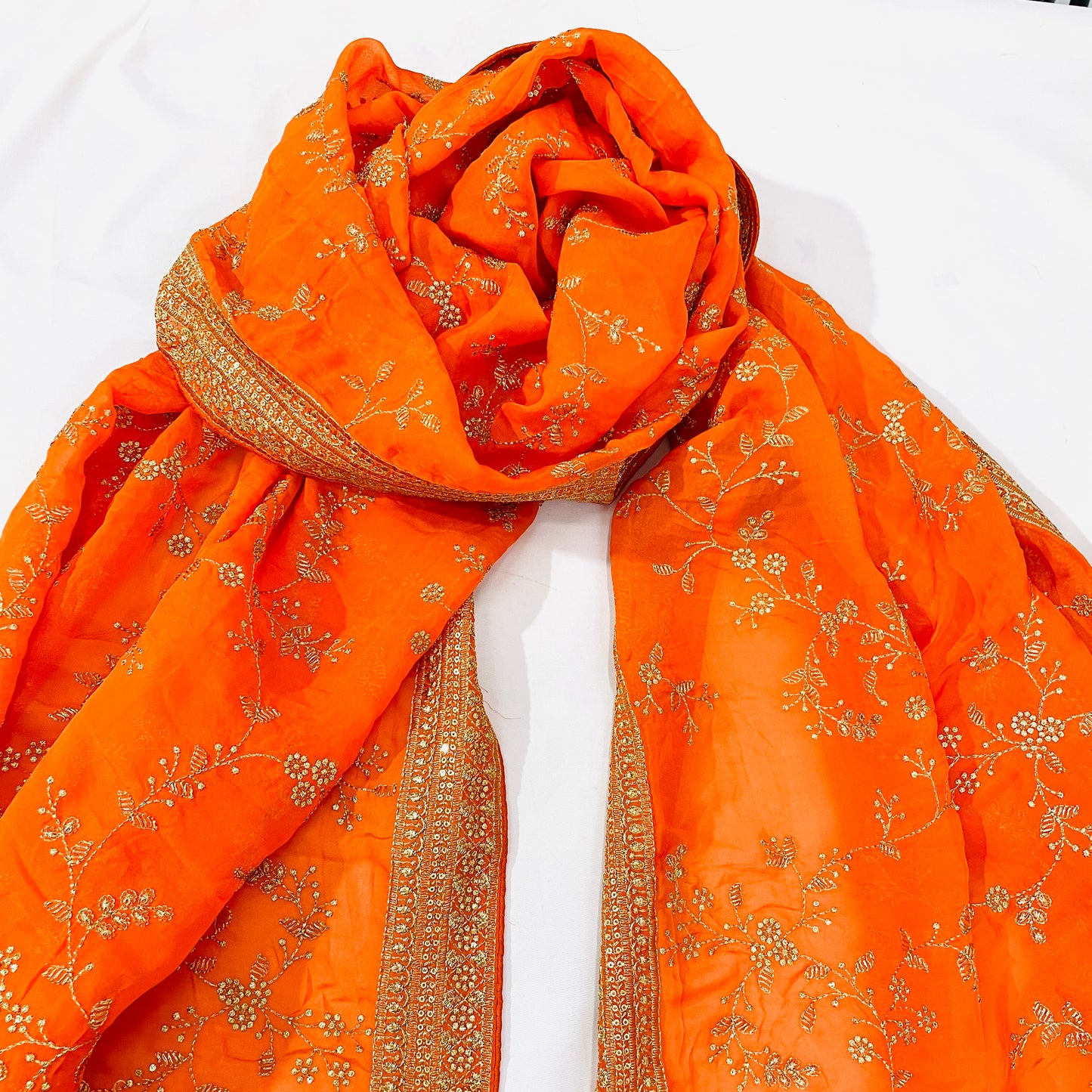 Orange Golden Floral Embroidery Dupatta - TradeUNO