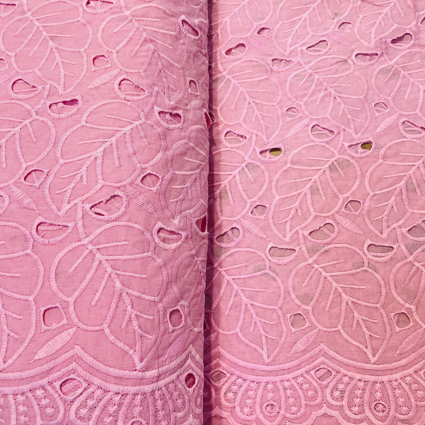 Premium Pink Floral Leaves Embroidery Cotton Schiffli Fabric