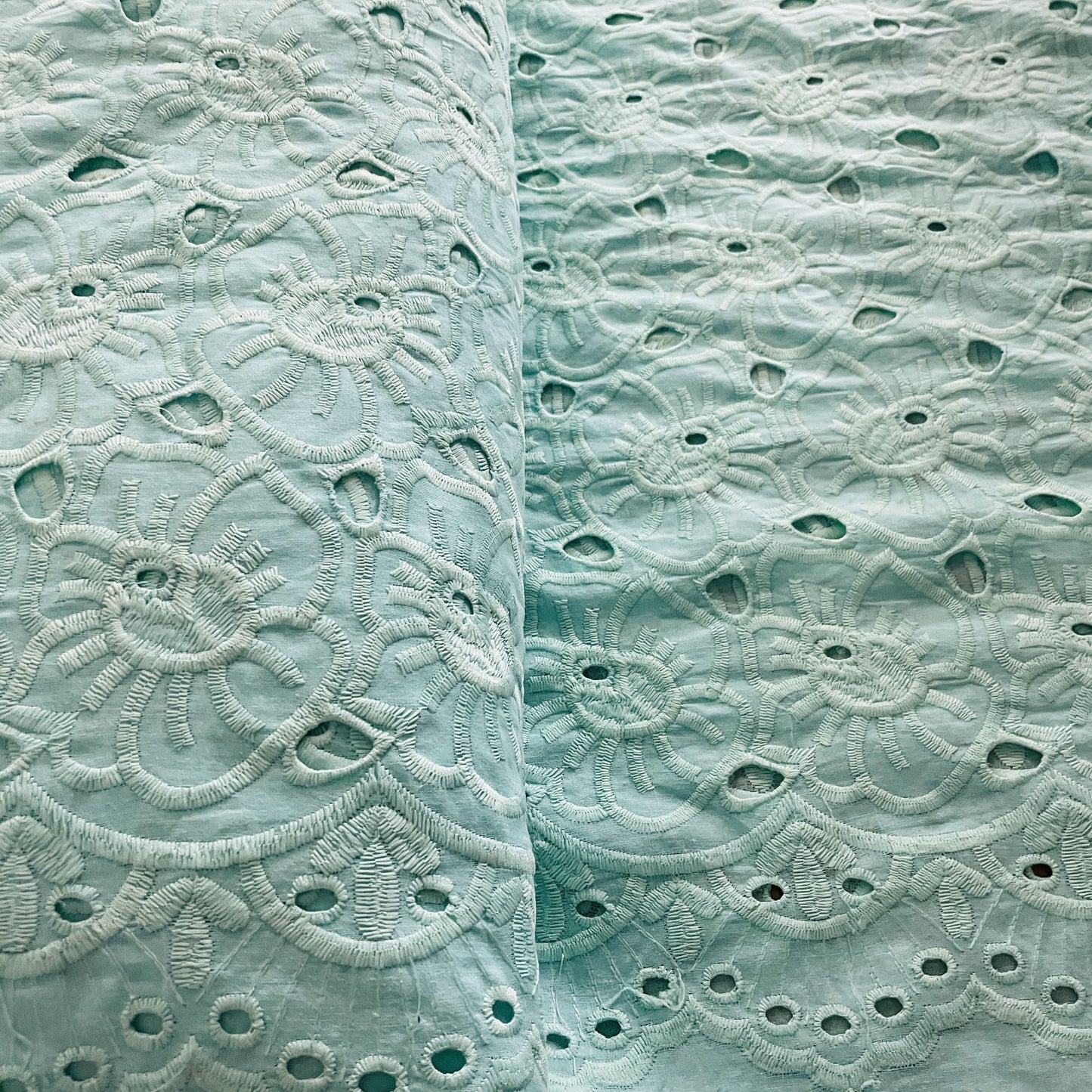 Premium Sea Green Abstract Flower Embroidery Cotton Schiffli Fabric