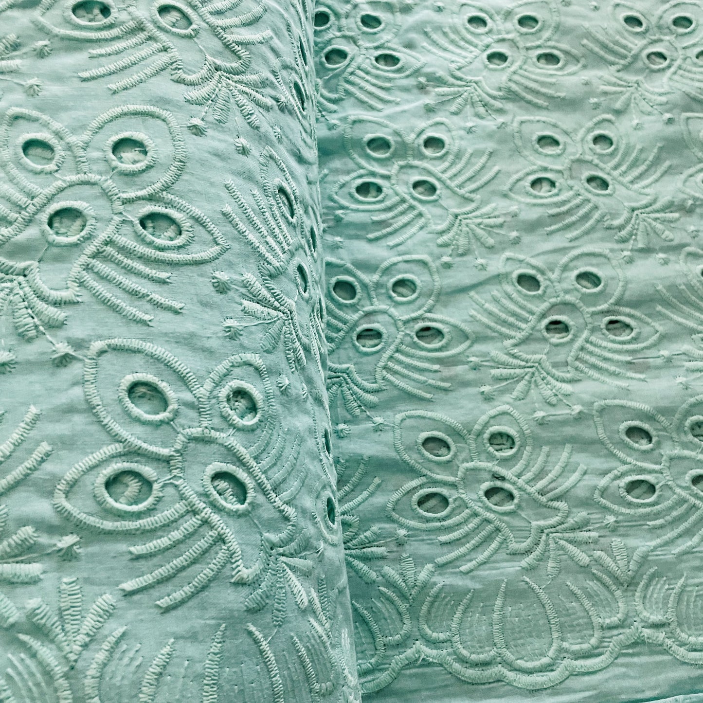 Premium Sea Green Floral Embroidery Cotton Schiffli Fabric