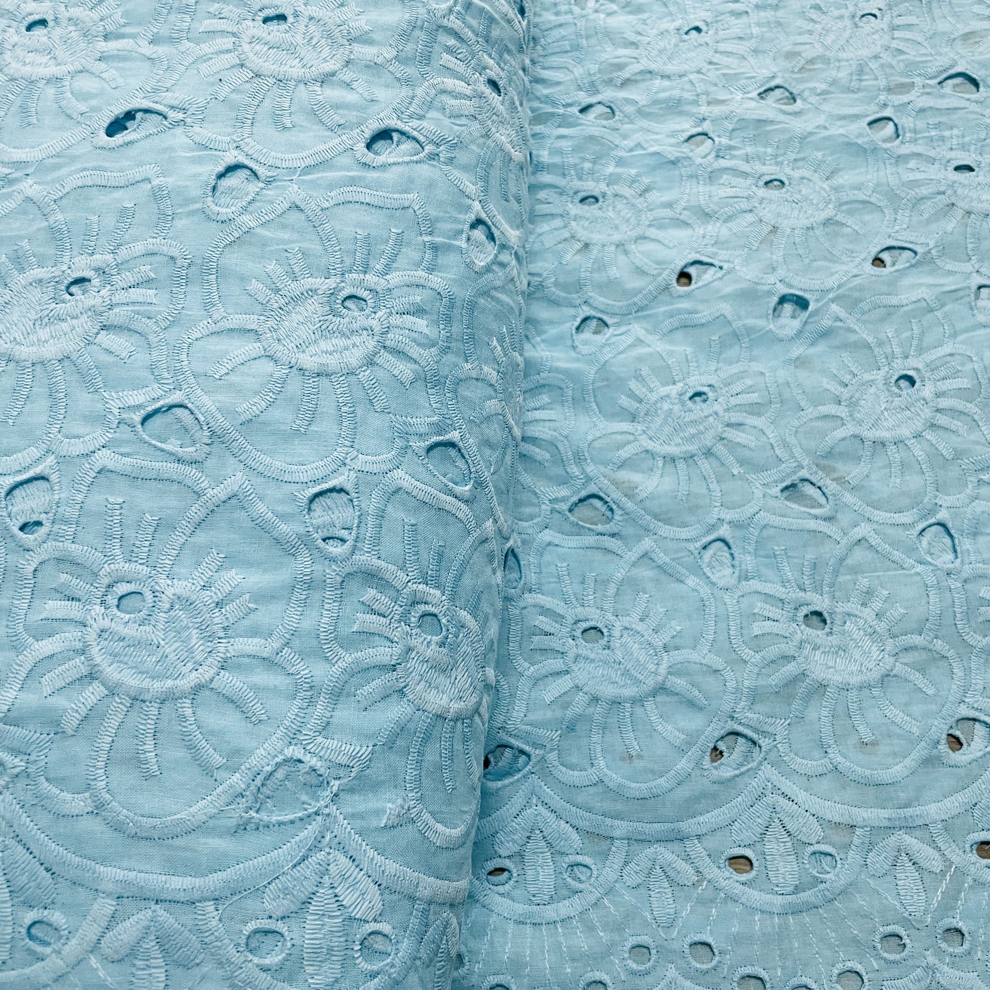 Premium Sky Blue Abstract Flower Embroidery Cotton Schiffli Fabric
