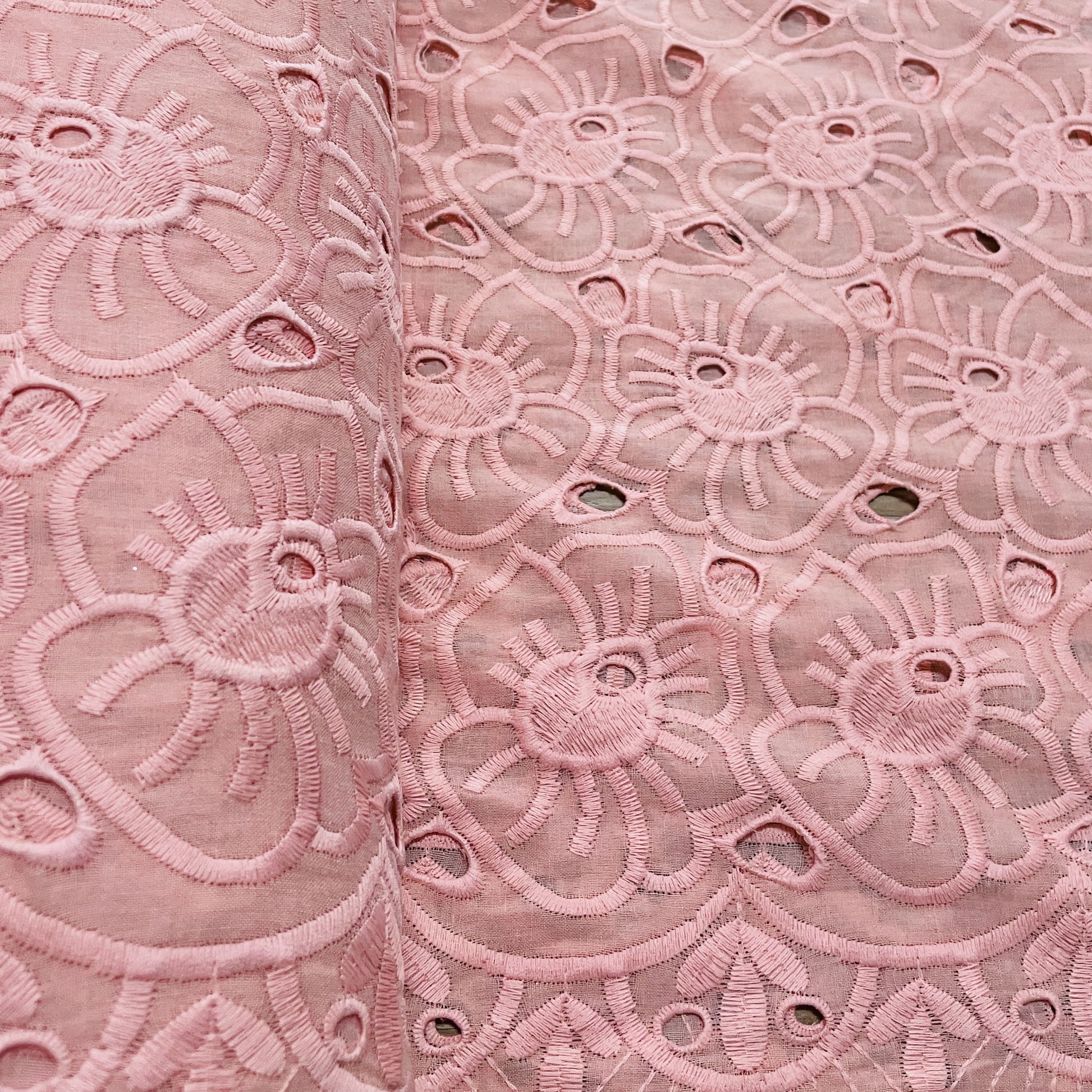 Premium Coral Pink Abstract Flower Embroidery Cotton Schiffli Fabric