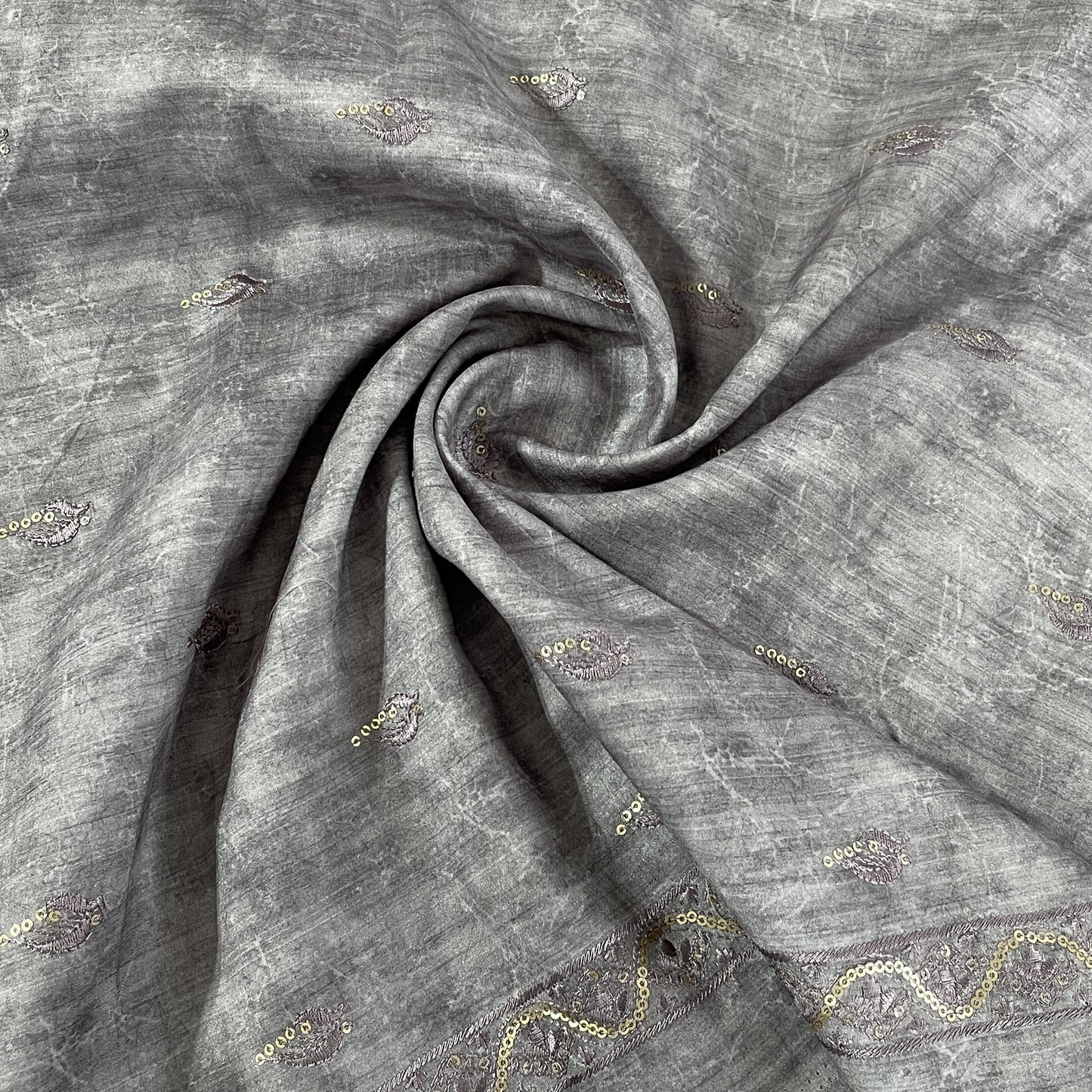 exclusive grey floral chikankari work russian silk fabric 1