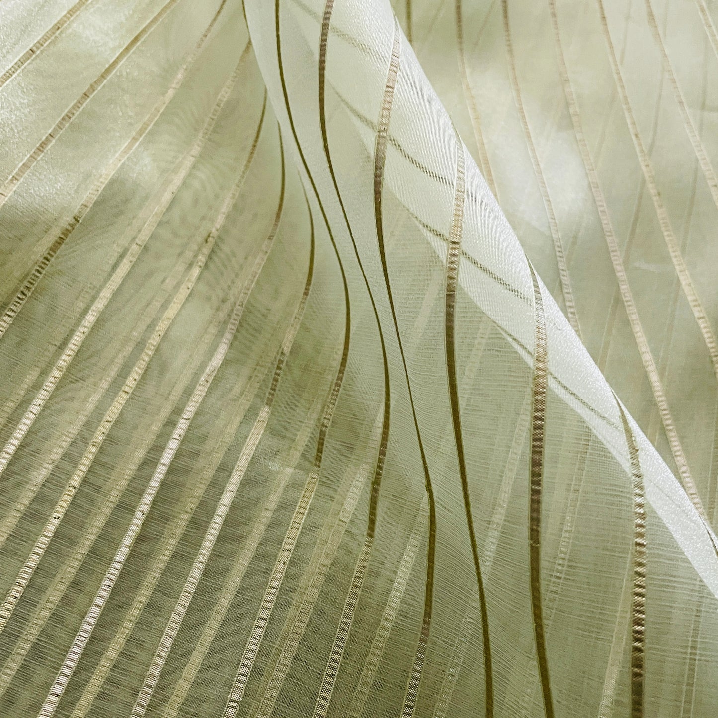 Premium Olive Green Gold Stripes Organza Zari Fabric