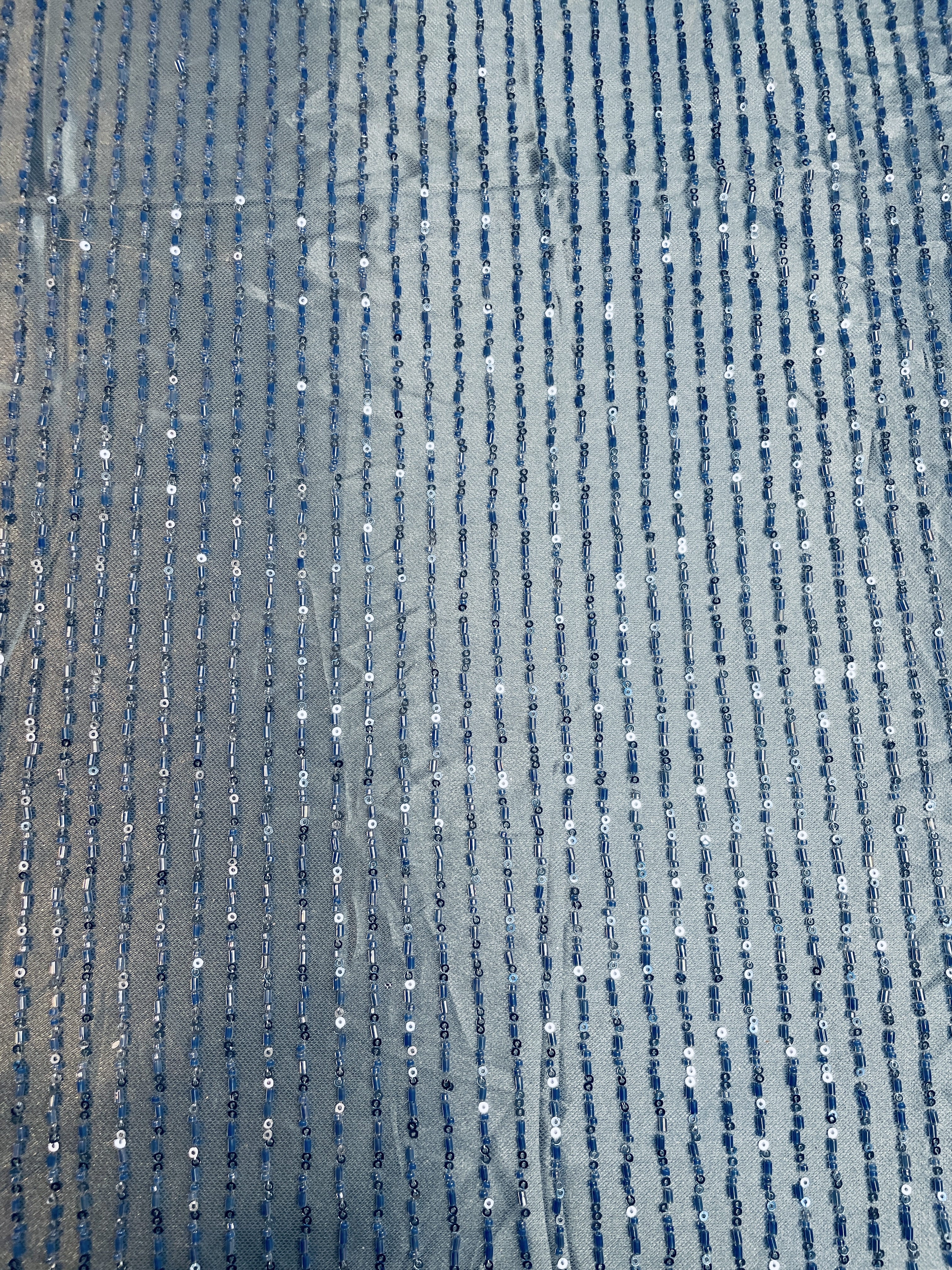 Premium Blue Stripes Sequins CutDana Embroidery Net Fabric