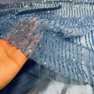 Premium Blue Stripes Sequins CutDana Embroidery Net Fabric