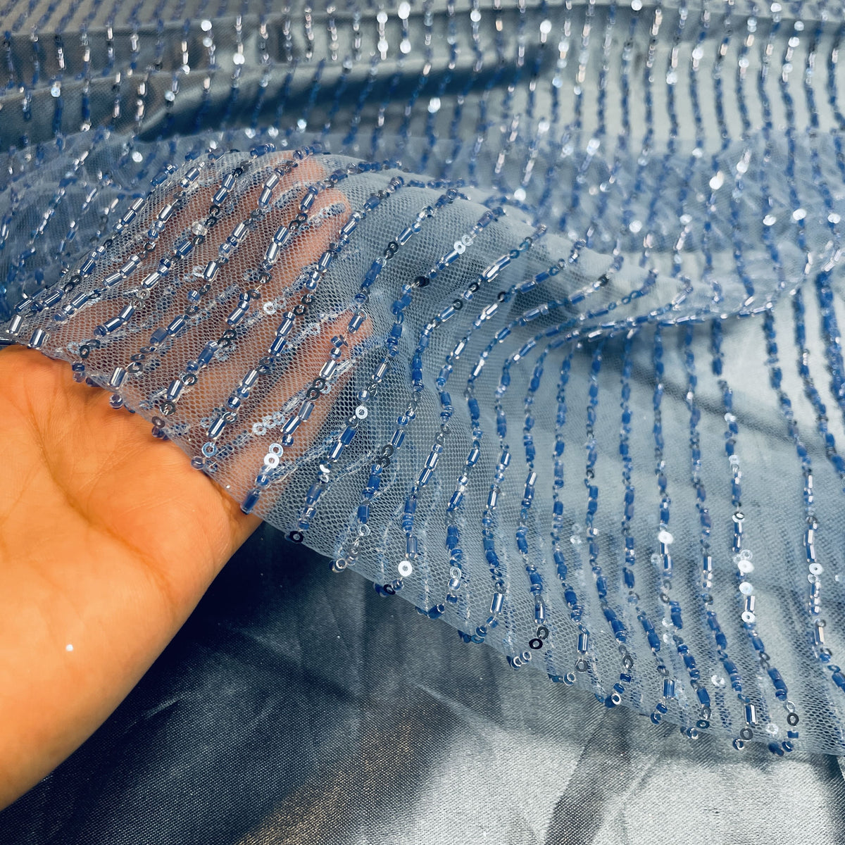 Premium Blue Stripes Sequins CutDana Embroidery Net Fabric