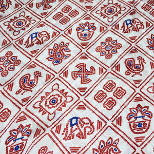 White & Red Traditional Print Georgette Satin Fabric - TradeUNO