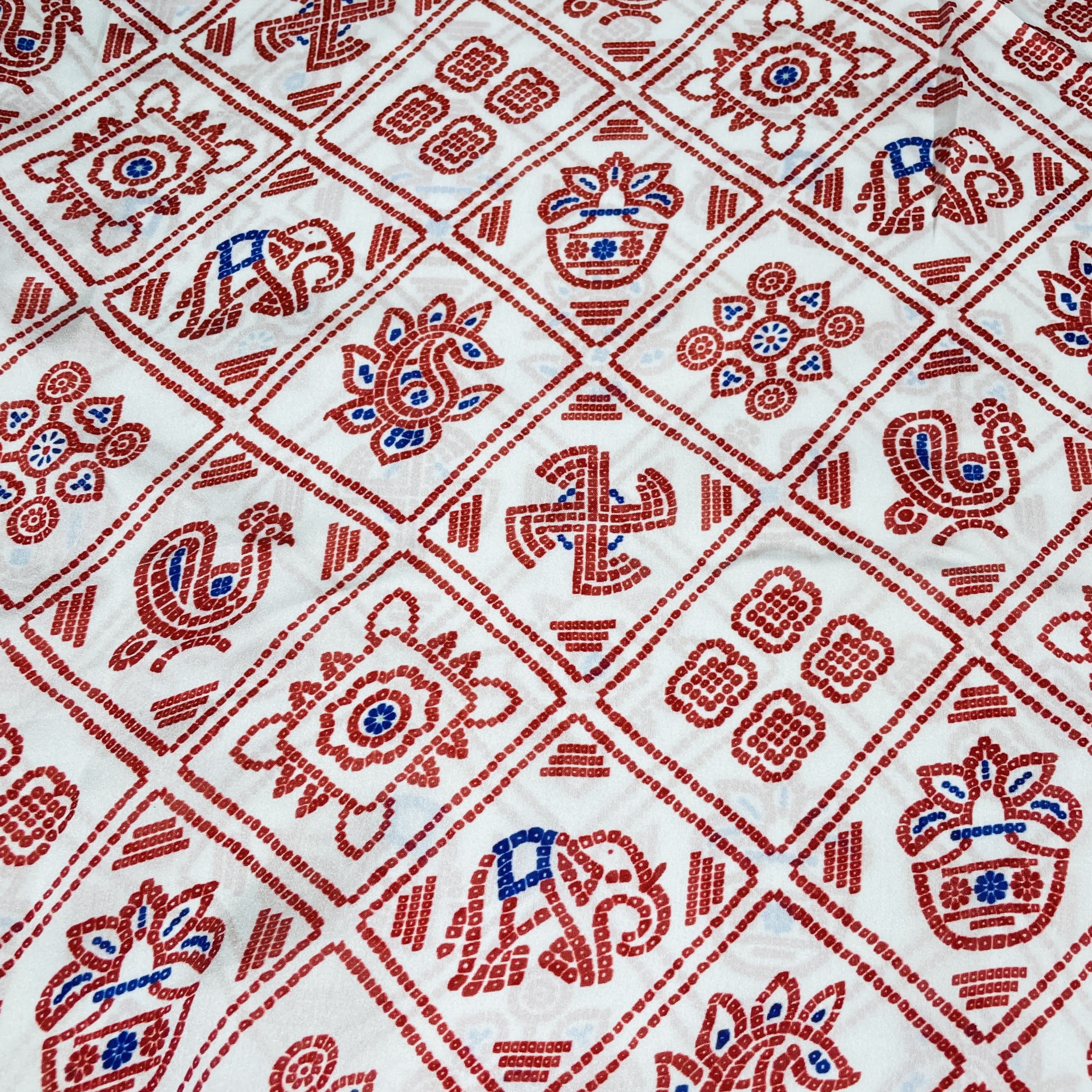 White & Red Traditional Print Georgette Satin Fabric - TradeUNO
