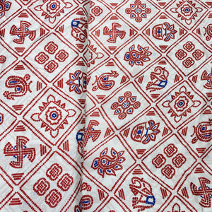 White & Red Traditional Print Georgette Satin Fabric - TradeUNO