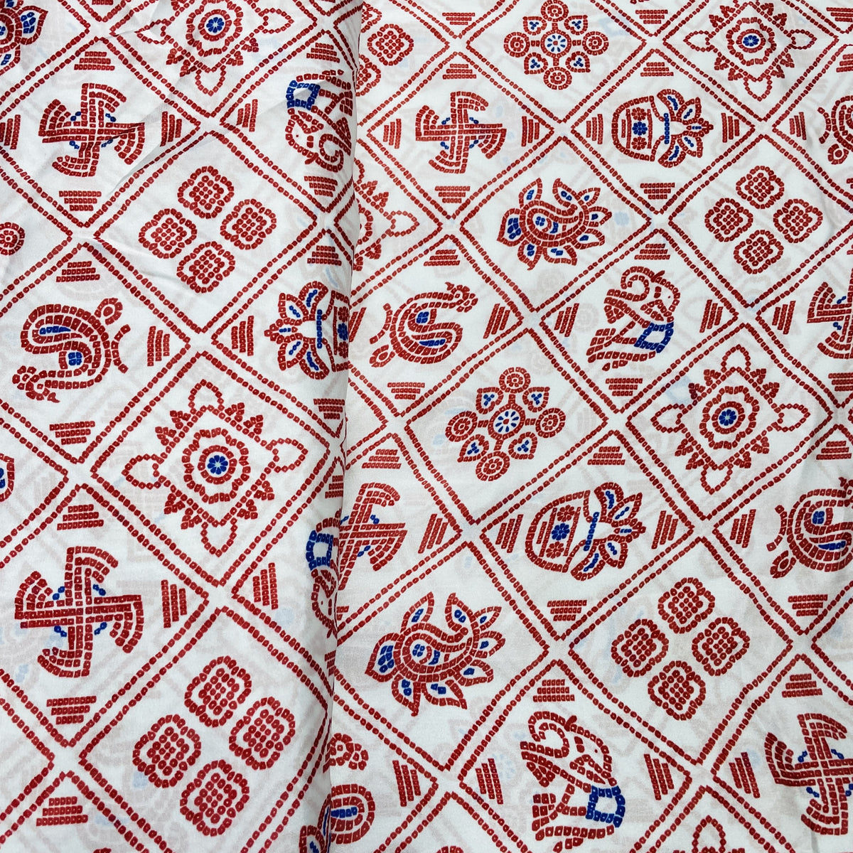 White & Red Traditional Print Georgette Satin Fabric - TradeUNO