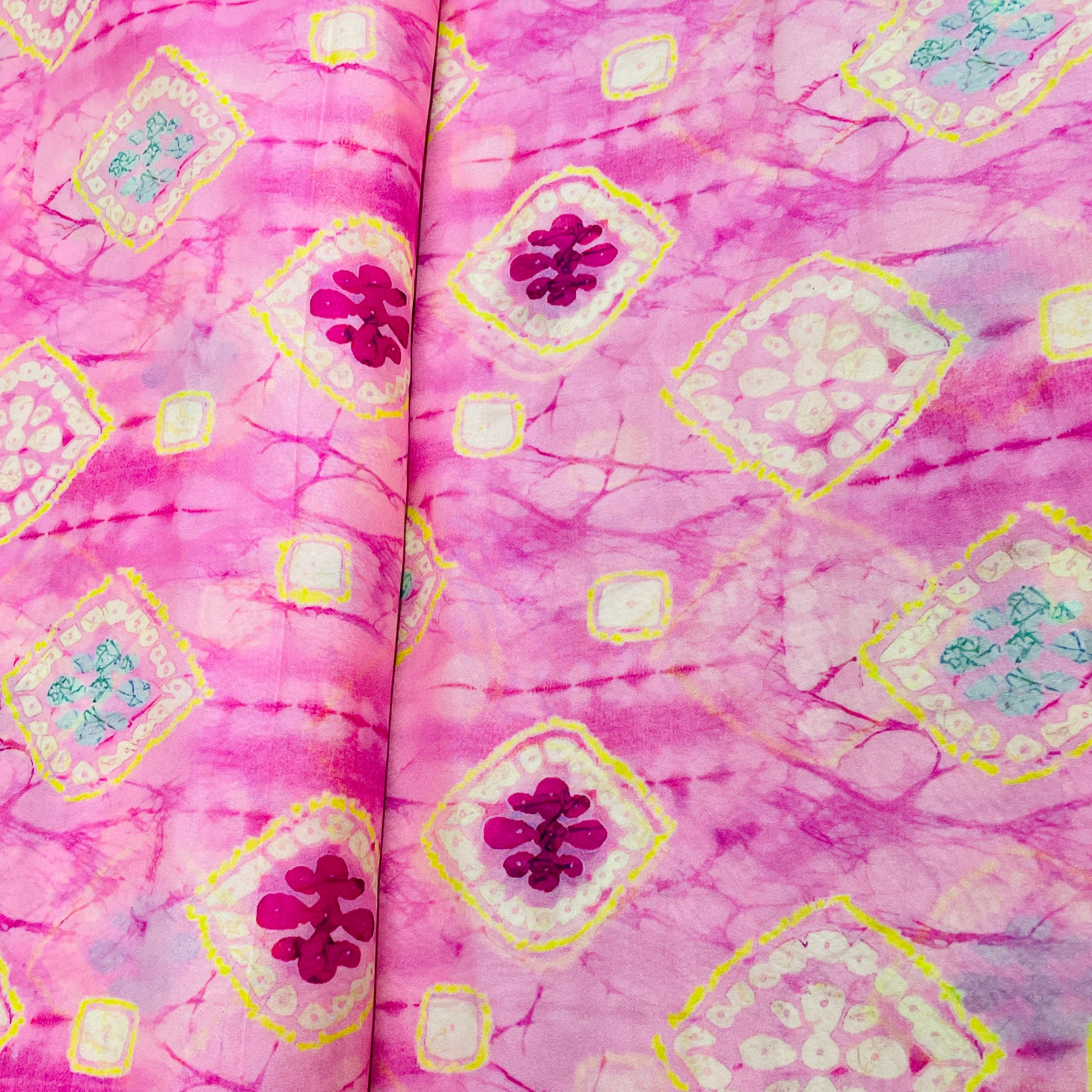 Pink & Multicolor Shibori Print Organza Fabric - TradeUNO