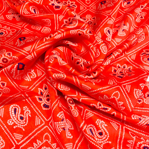 Red Traditional Print Georgette Satin Fabric - TradeUNO