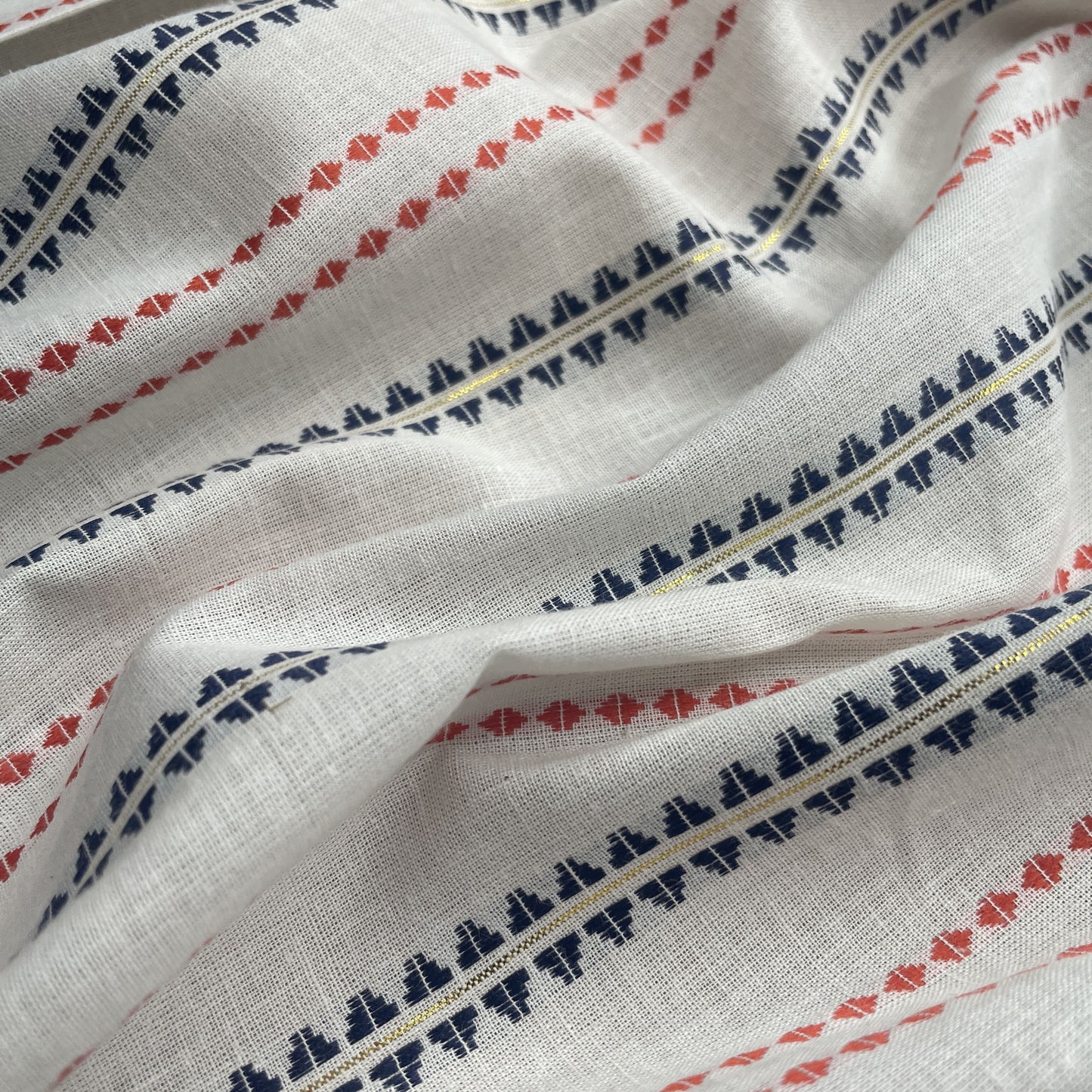 Premium OffWhite Black Red Stripes Lurex Dobby Embroidery Dyeable Cotton Fabric