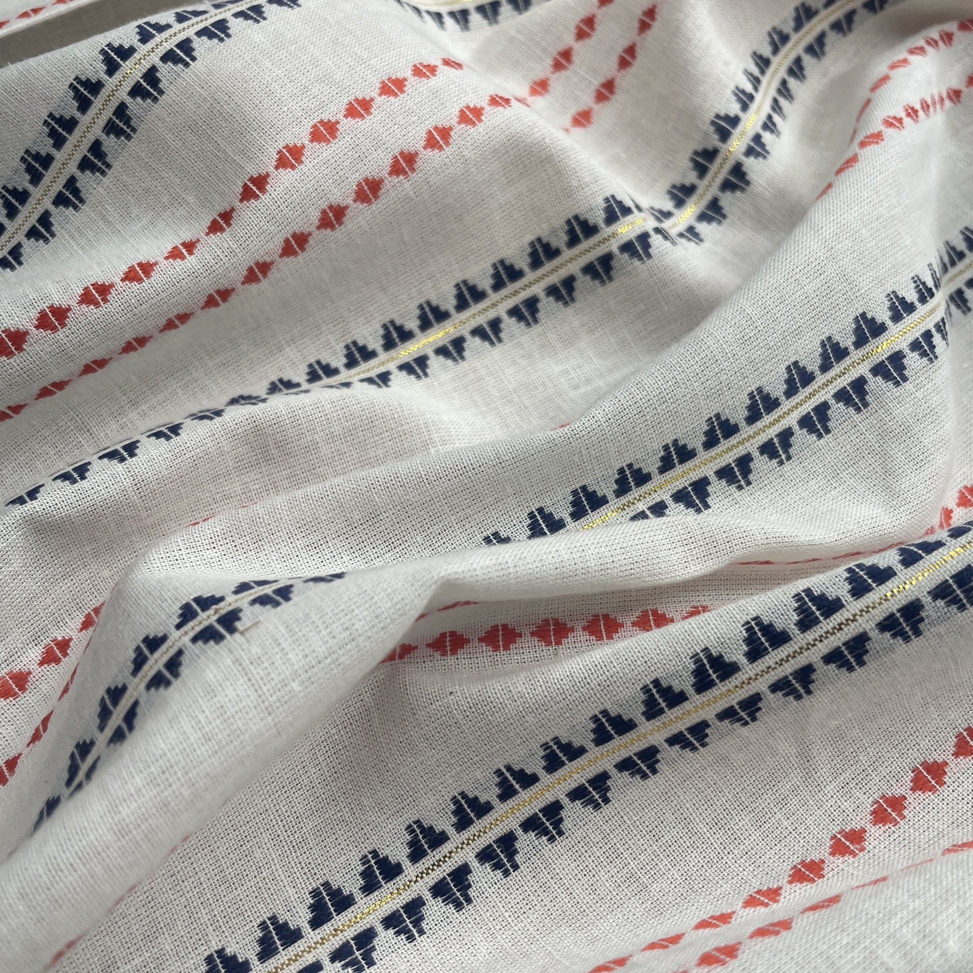 Premium OffWhite Black Red Stripes Lurex Dobby Embroidery Dyeable Cotton Fabric