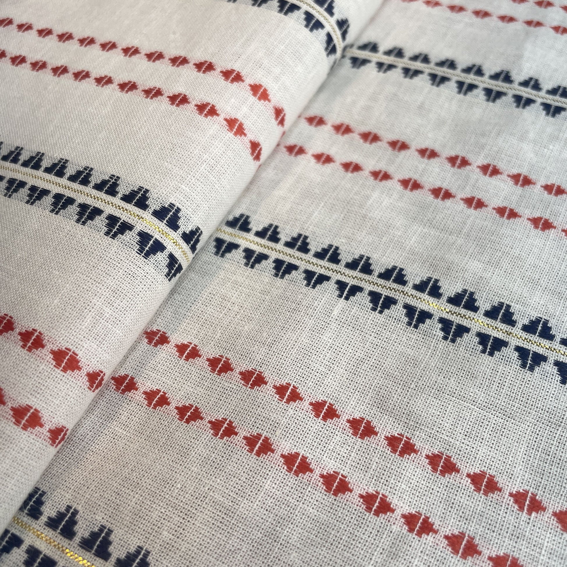Premium OffWhite Black Red Stripes Lurex Dobby Embroidery Dyeable Cotton Fabric