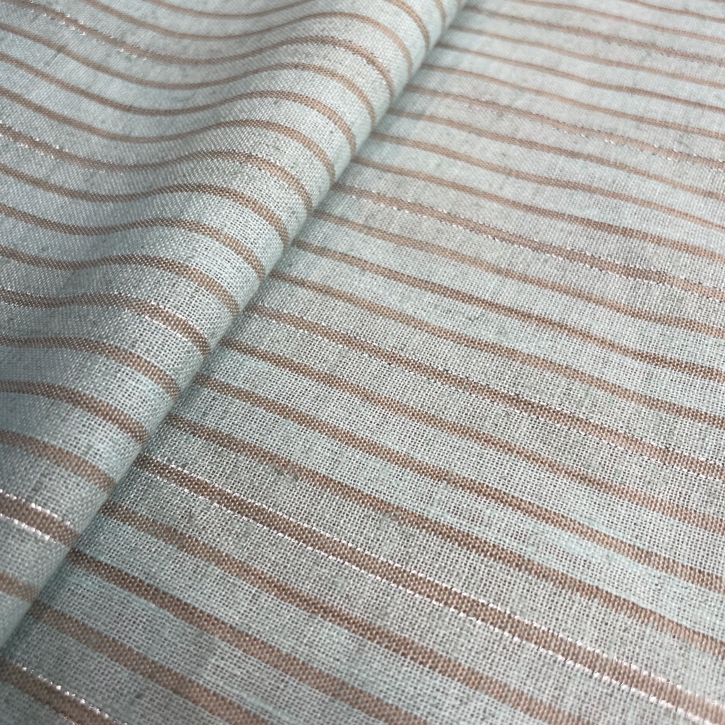 Premium Mint Green & Brown Stripes Print With Silver Lurex Linen Fabric