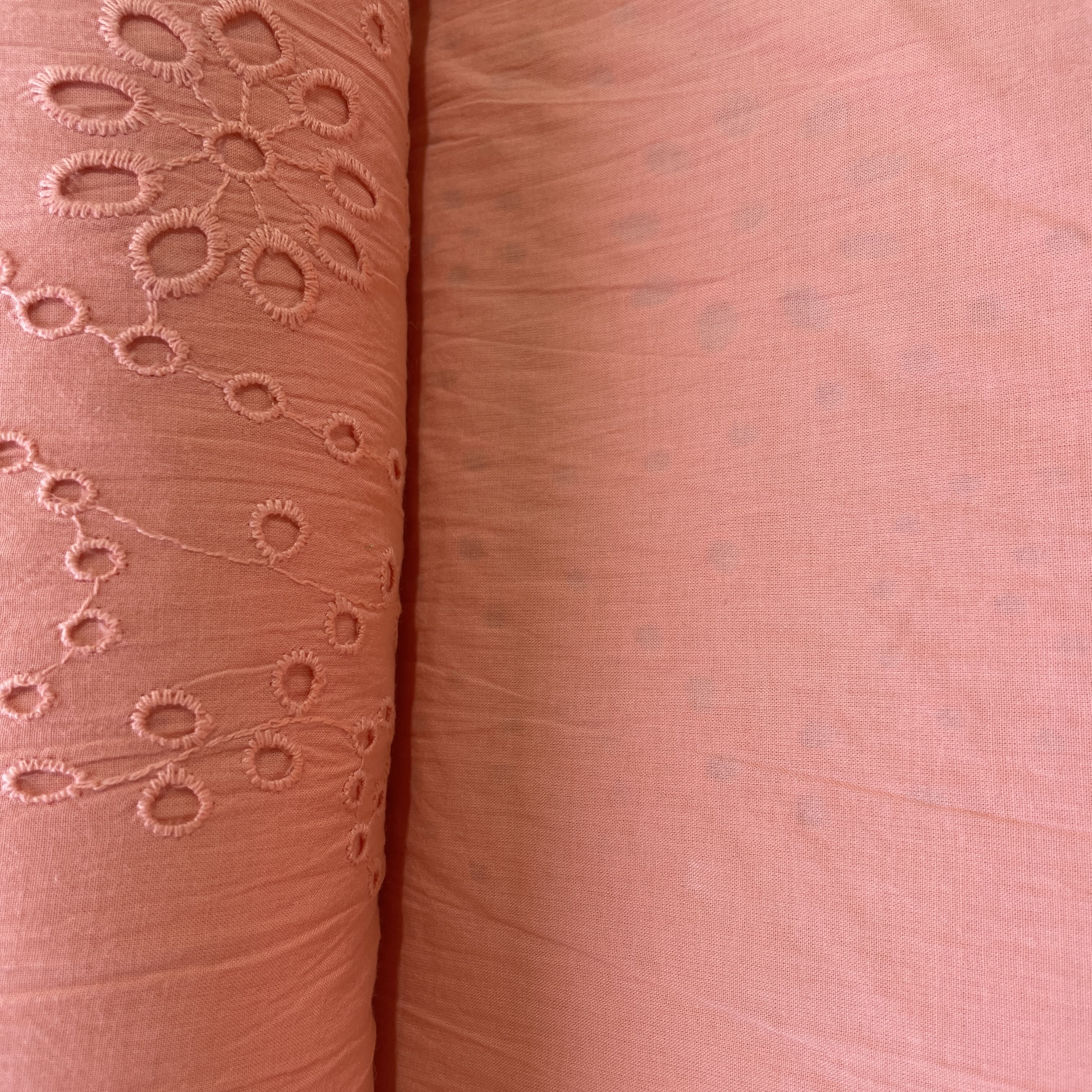 Coral Pink Floral Embroidery Cotton Schiffli Fabric 13249