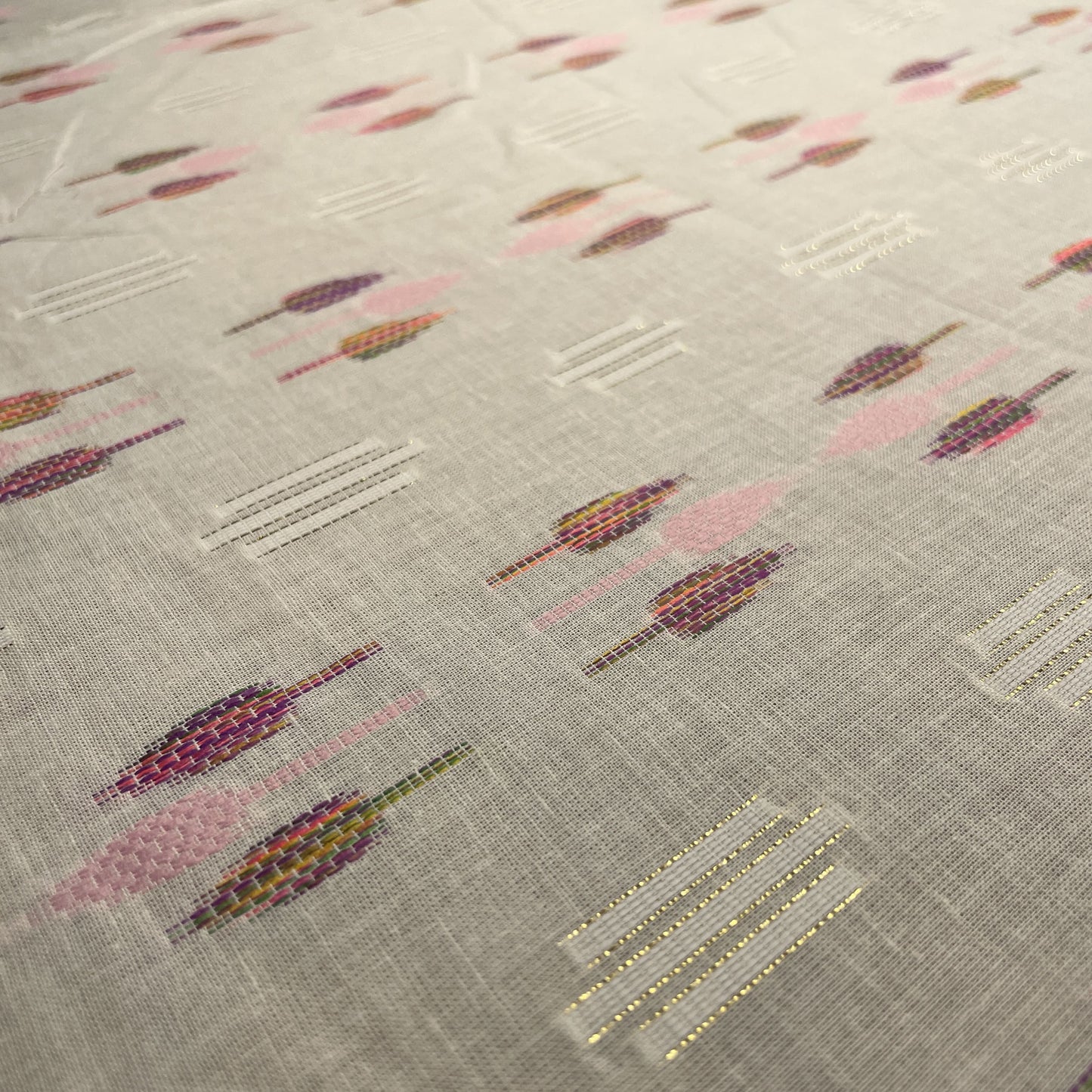 Premium OffWhite Multicolor Gold Lurex Ikkat Dobby Embroidery Dyeable Cotton Fabric