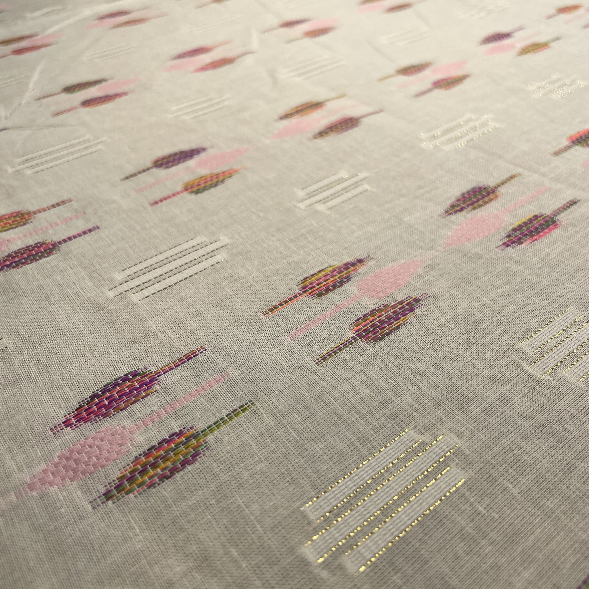 Premium OffWhite Multicolor Gold Lurex Ikkat Dobby Embroidery Dyeable Cotton Fabric
