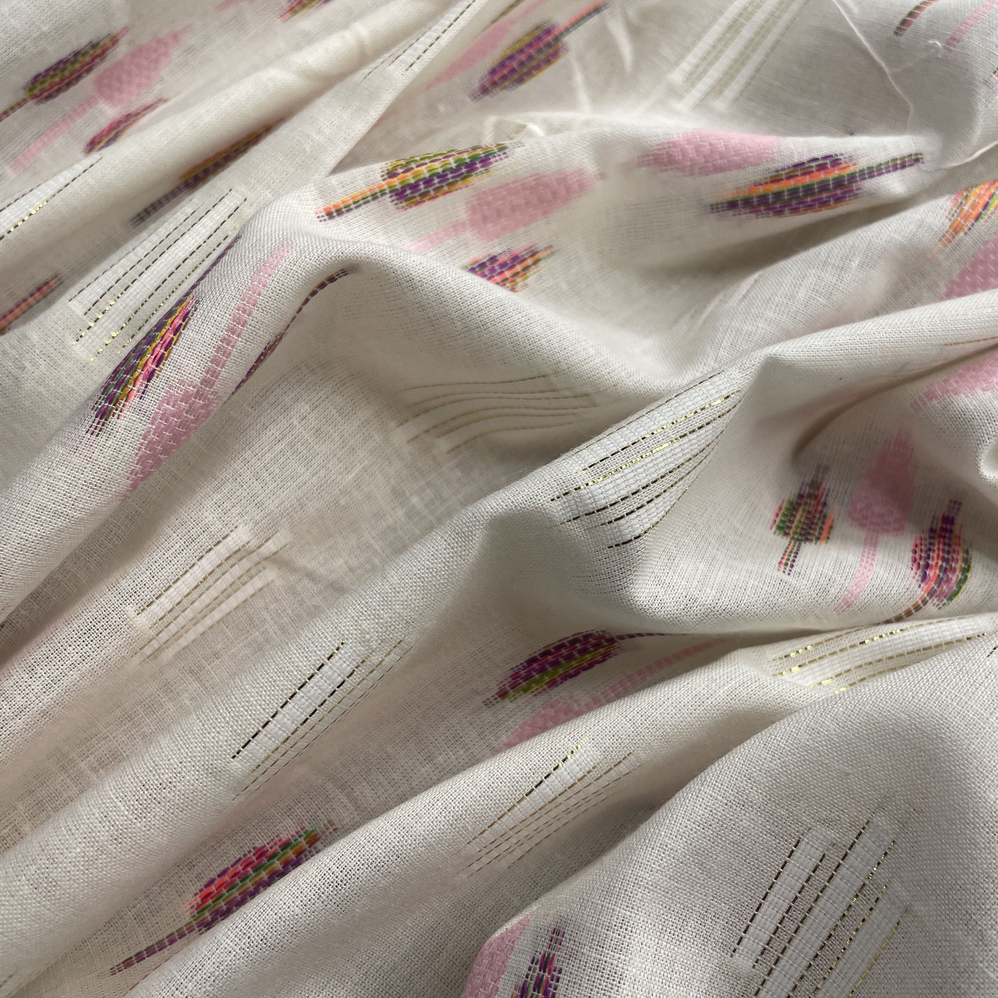 Premium OffWhite Multicolor Gold Lurex Ikkat Dobby Embroidery Dyeable Cotton Fabric