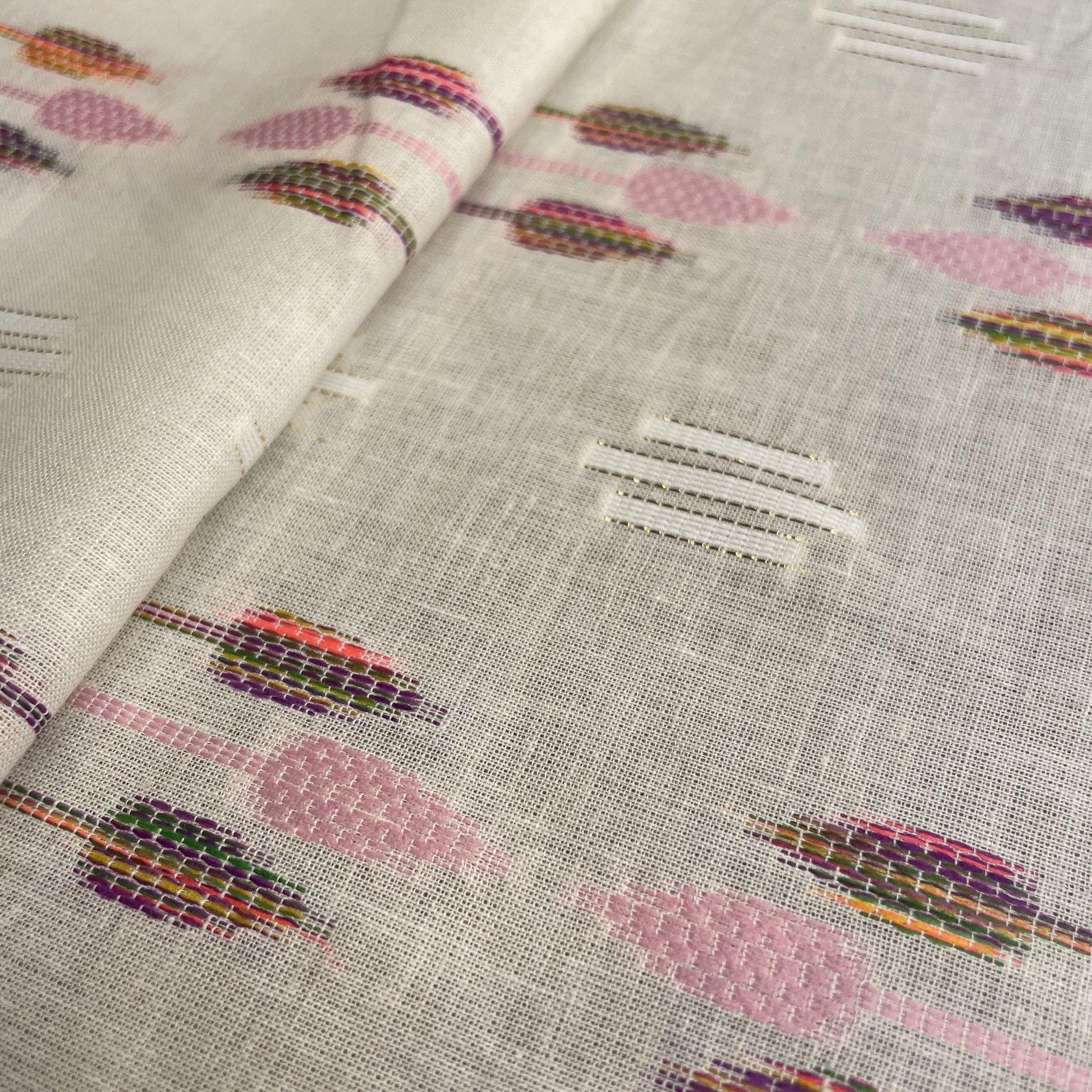 Premium OffWhite Multicolor Gold Lurex Ikkat Dobby Embroidery Dyeable Cotton Fabric