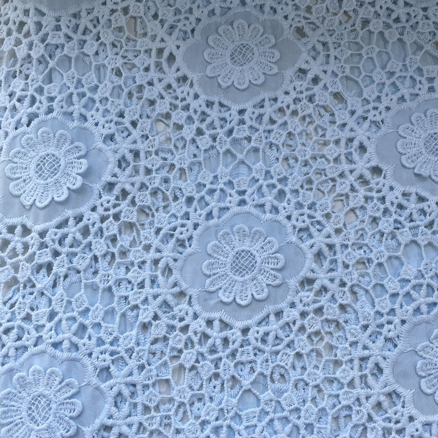 Sky Blue 3D Abstract Floral Embroidery Schiffli Crepe Fabric 16590