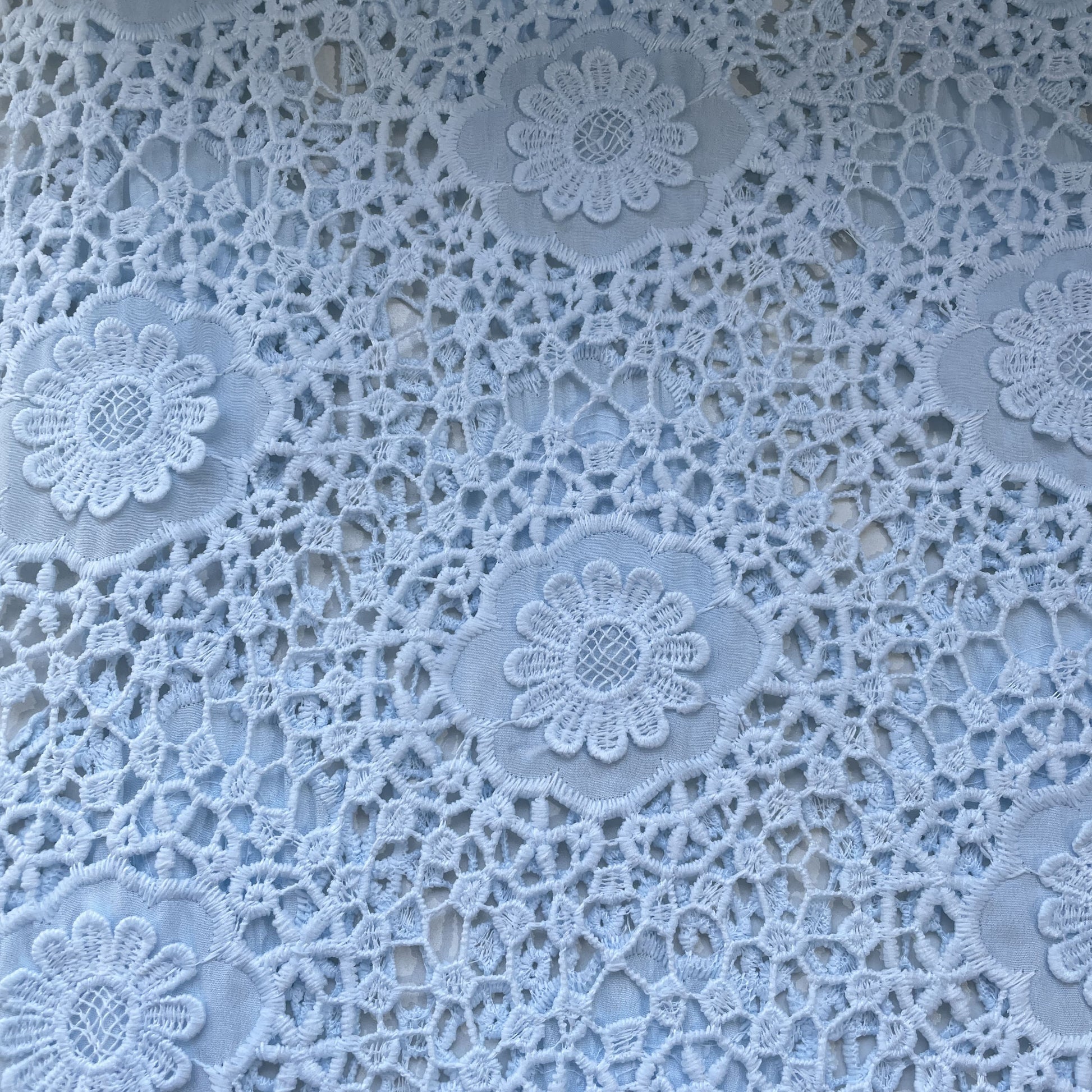 Sky Blue 3D Abstract Floral Embroidery Schiffli Crepe Fabric 16590