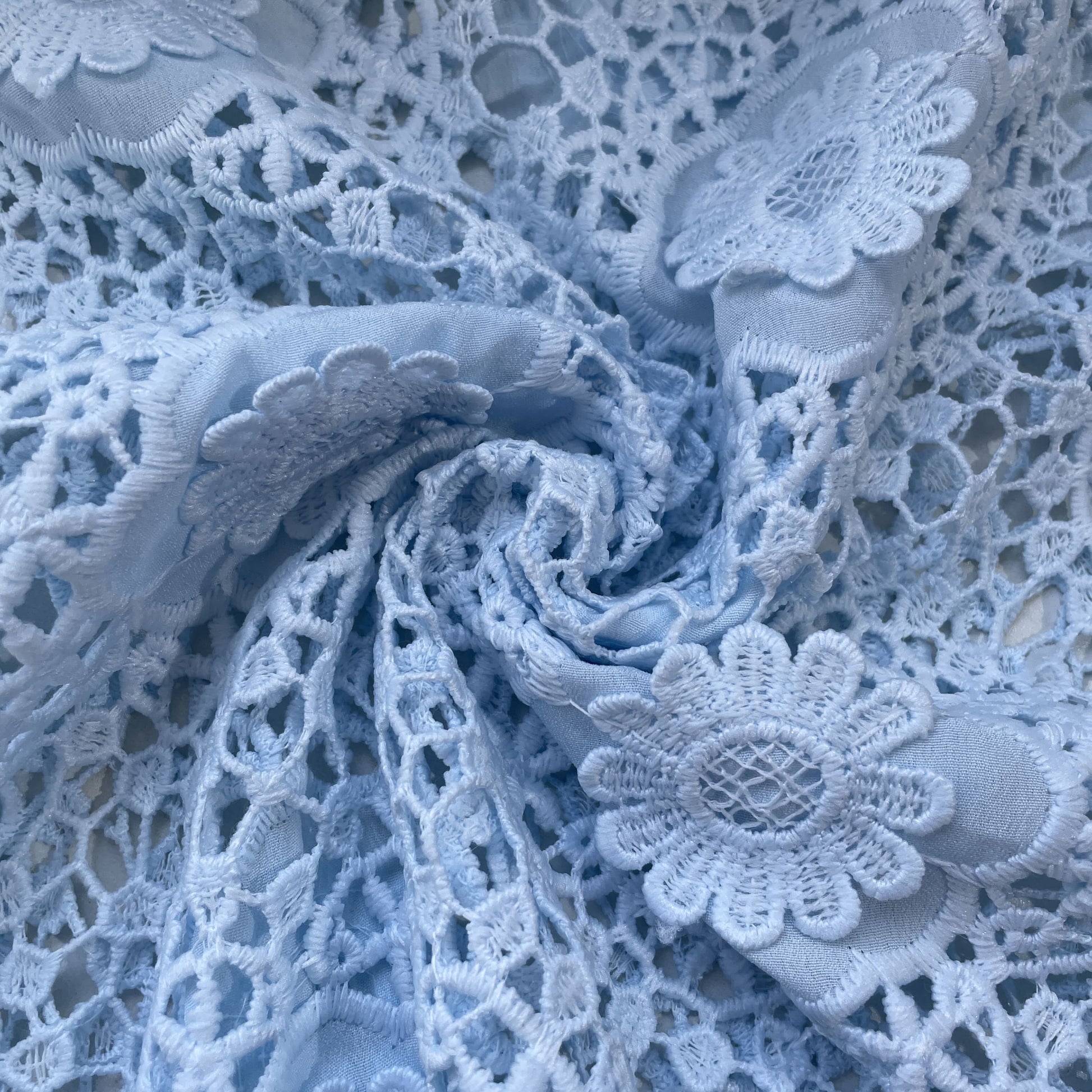 Sky Blue 3D Abstract Floral Embroidery Schiffli Crepe Fabric 16590
