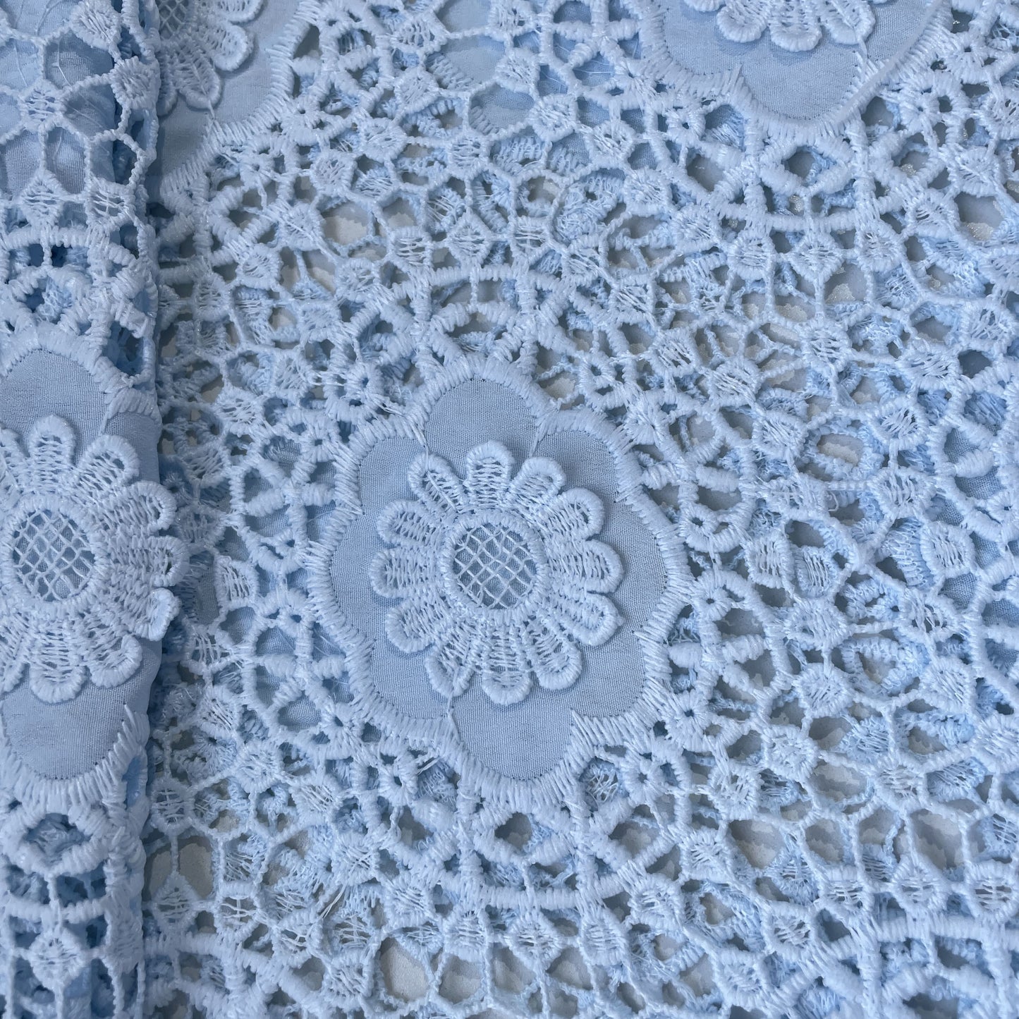 Sky Blue 3D Abstract Floral Embroidery Schiffli Crepe Fabric 16590