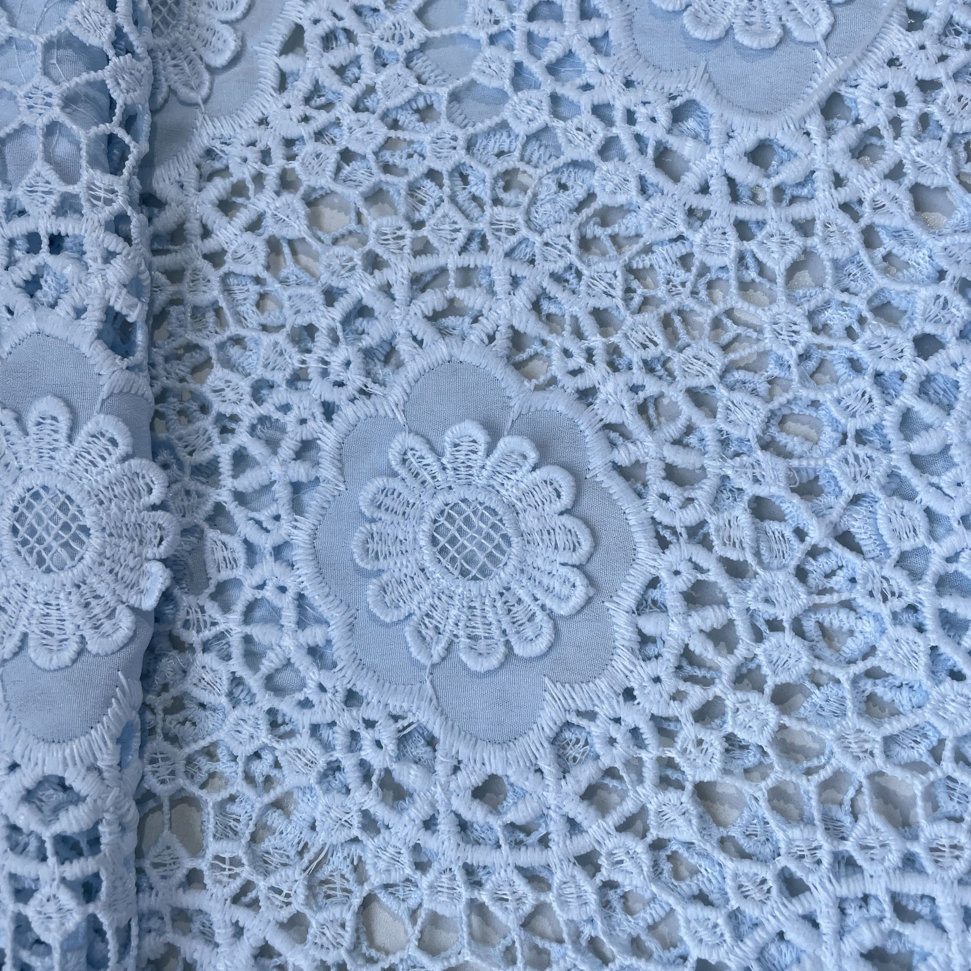 Sky Blue 3D Abstract Floral Embroidery Schiffli Crepe Fabric 16590