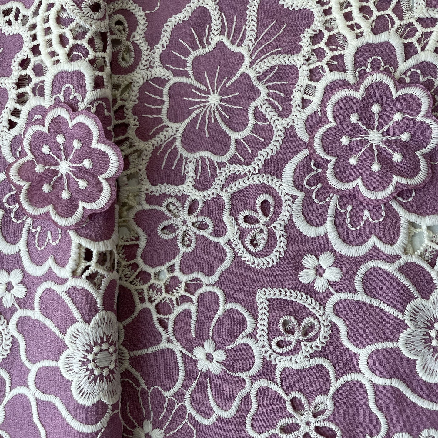 Magenta Pink White 3D Embroidery Schiffli Crepe Fabric 16668