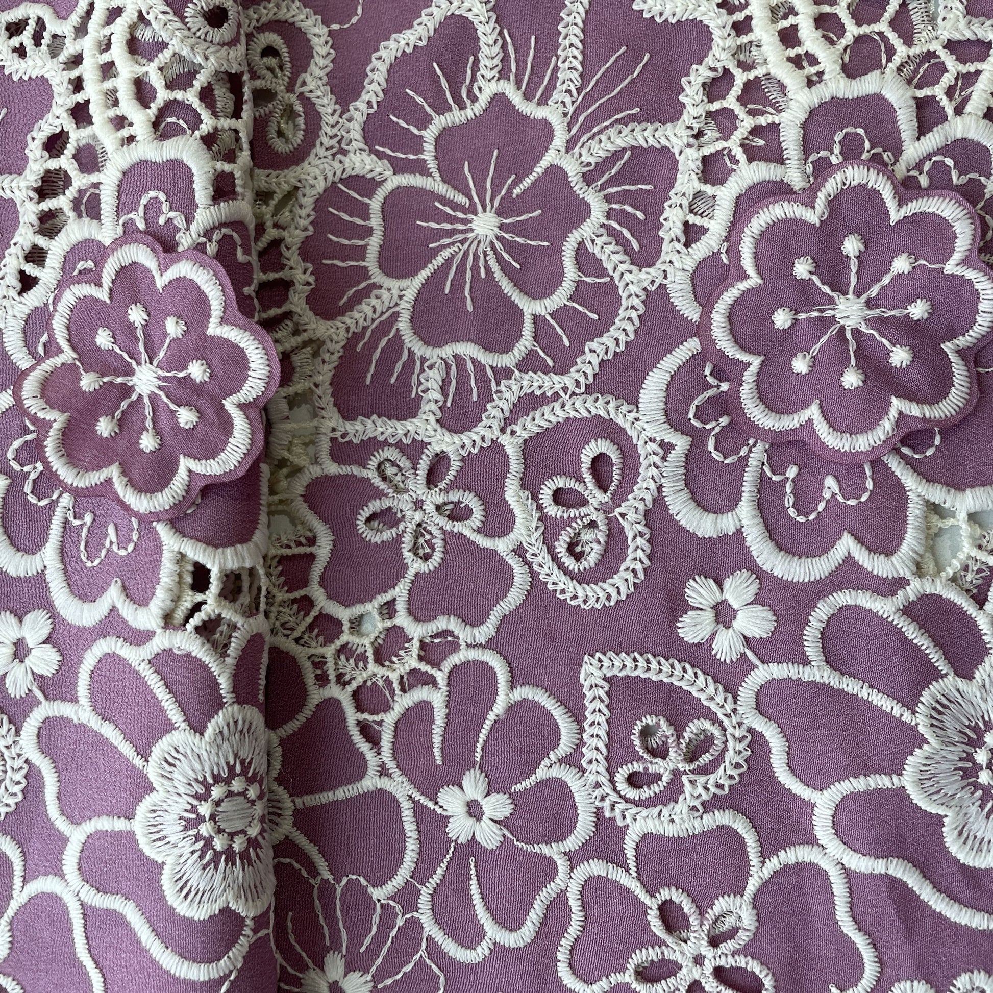 Magenta Pink White 3D Embroidery Schiffli Crepe Fabric 16668