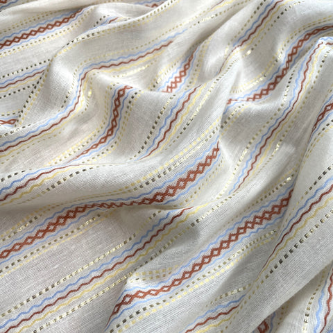 Premium OffWhite Stripes Gold Lurex Dobby Embroidery Dyeable Cotton Fabric