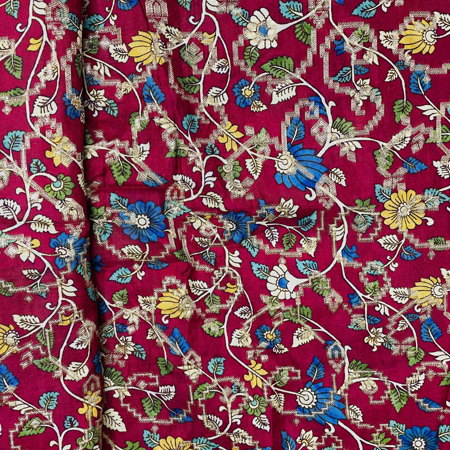 Red Madhubani Print Dola Silk Jacquard Fabric - TradeUNO