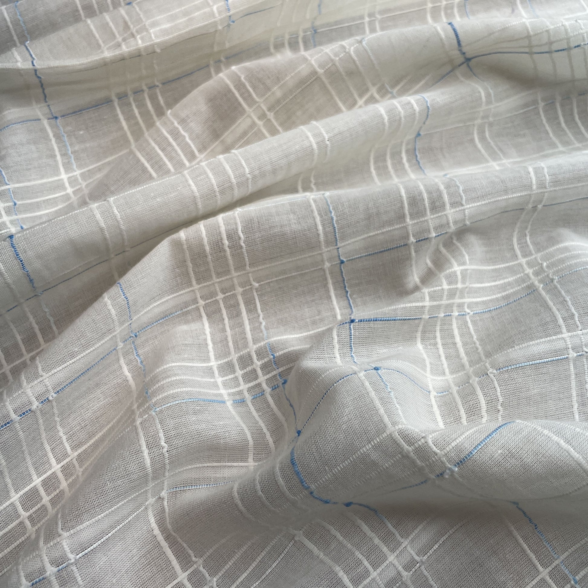 Premium OffWhite Blue Check Dobby Embroidery Dyeable Cotton Fabric