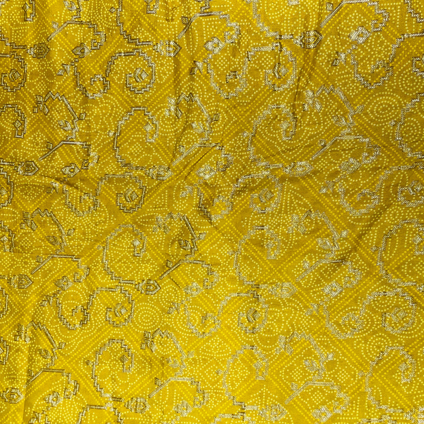 Yellow Patola Bandhani Print Dola Silk Jacquard Fabric - TradeUNO