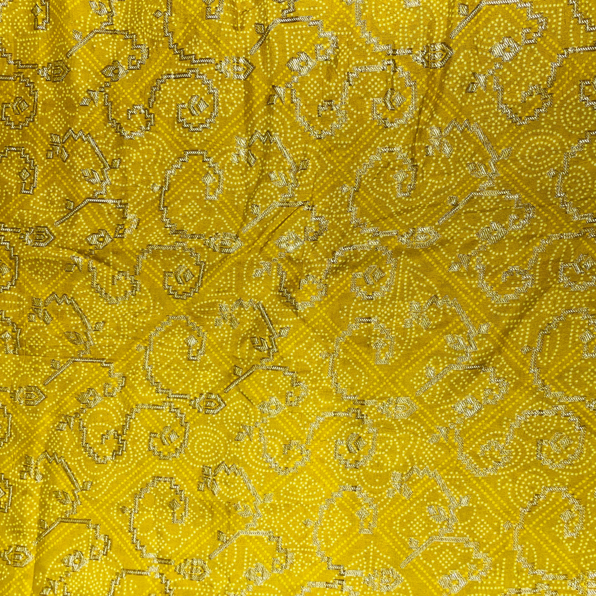Yellow Patola Bandhani Print Dola Silk Jacquard Fabric - TradeUNO