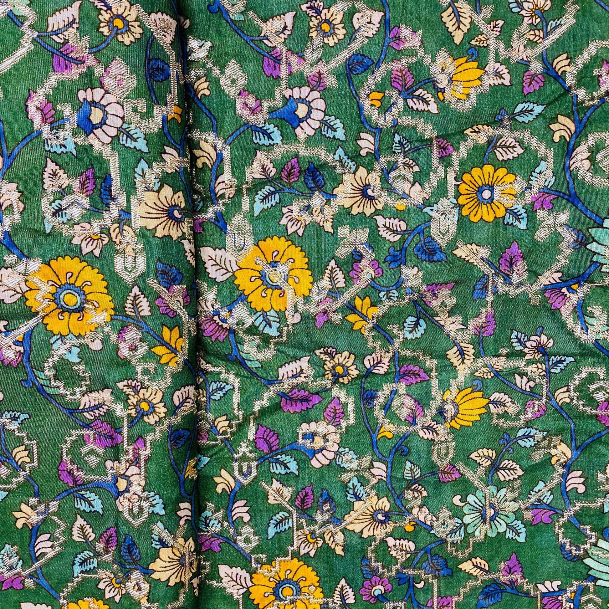 Green Madhubani Print Dola Silk Jacquard Fabric - TradeUNO
