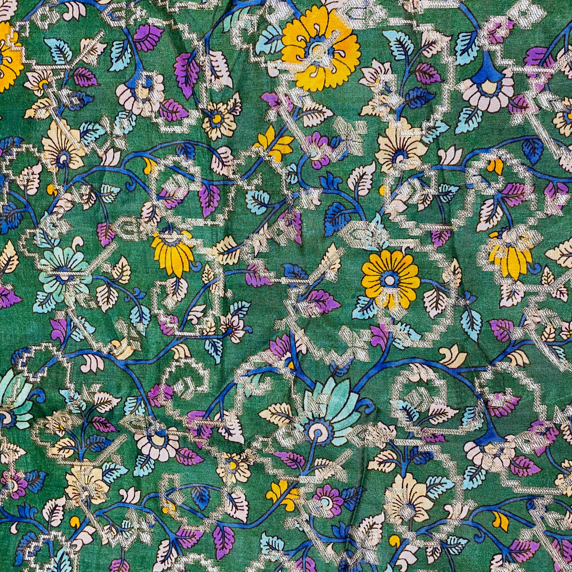Green Madhubani Print Dola Silk Jacquard Fabric - TradeUNO