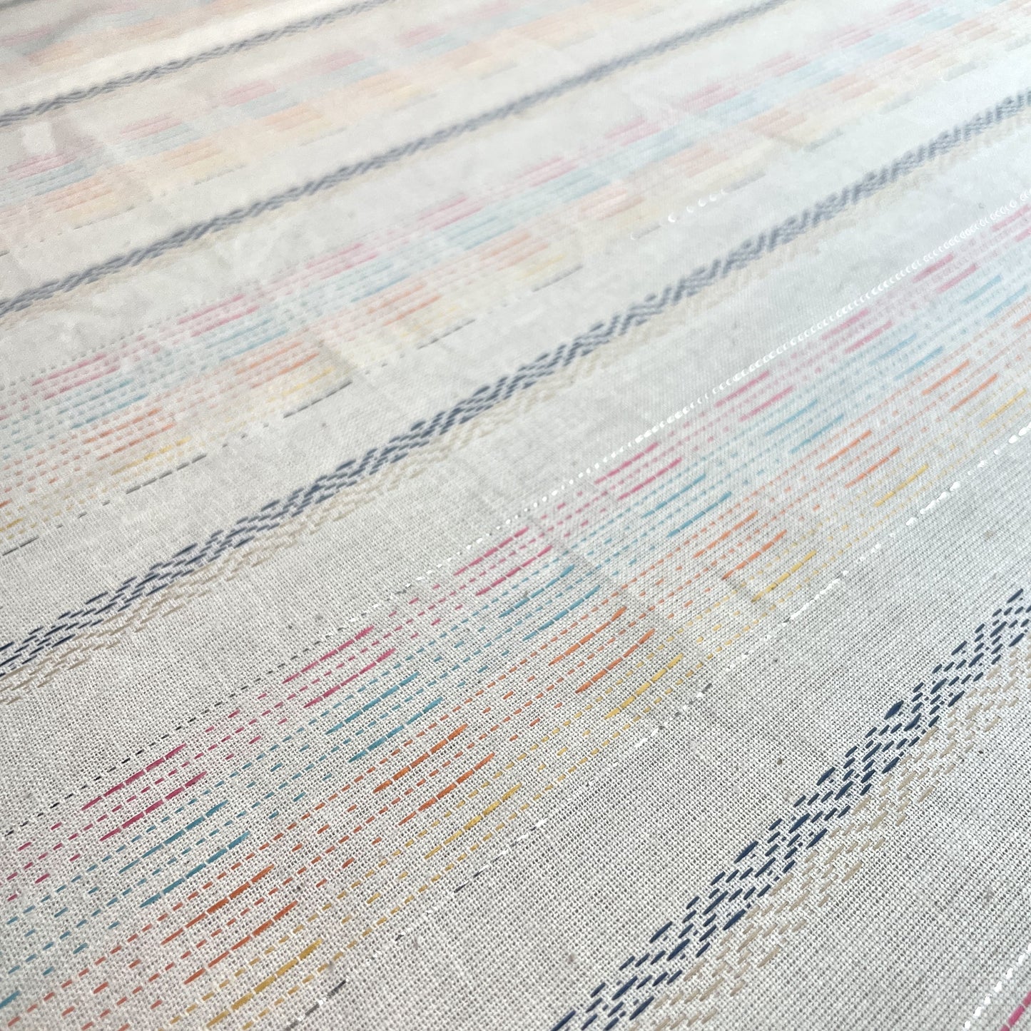 Premium OffWhite Multicolor Stripes Silver Lurex Dobby Embroidery Dyeable Cotton Fabric