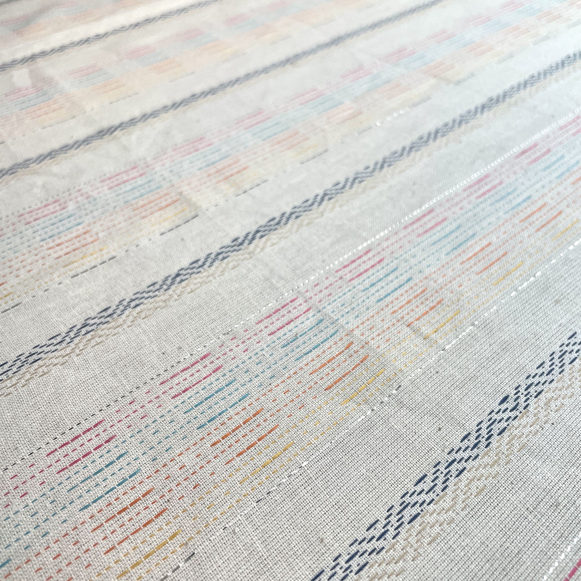 Premium OffWhite Multicolor Stripes Silver Lurex Dobby Embroidery Dyeable Cotton Fabric