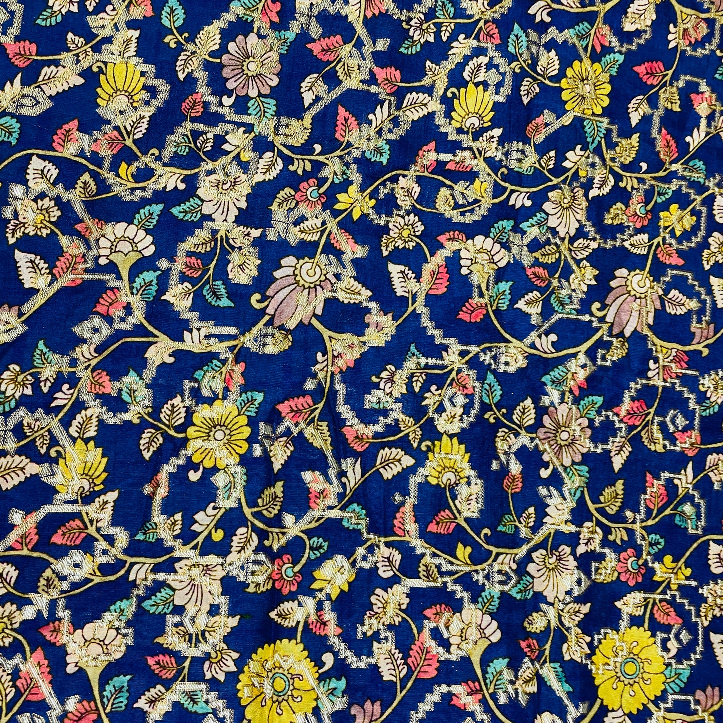 Blue Madhubani Print Dola Silk Jacquard Fabric - TradeUNO