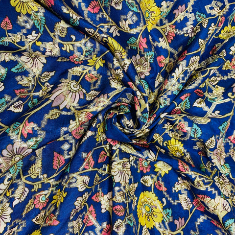 Blue Madhubani Print Dola Silk Jacquard Fabric - TradeUNO